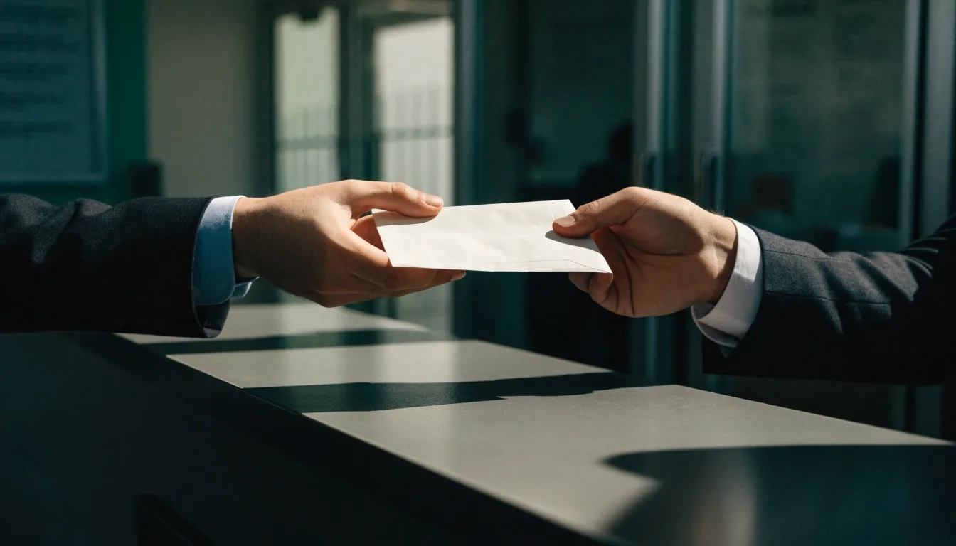 Two hands exchanging an unmarked envelope across a matte desk