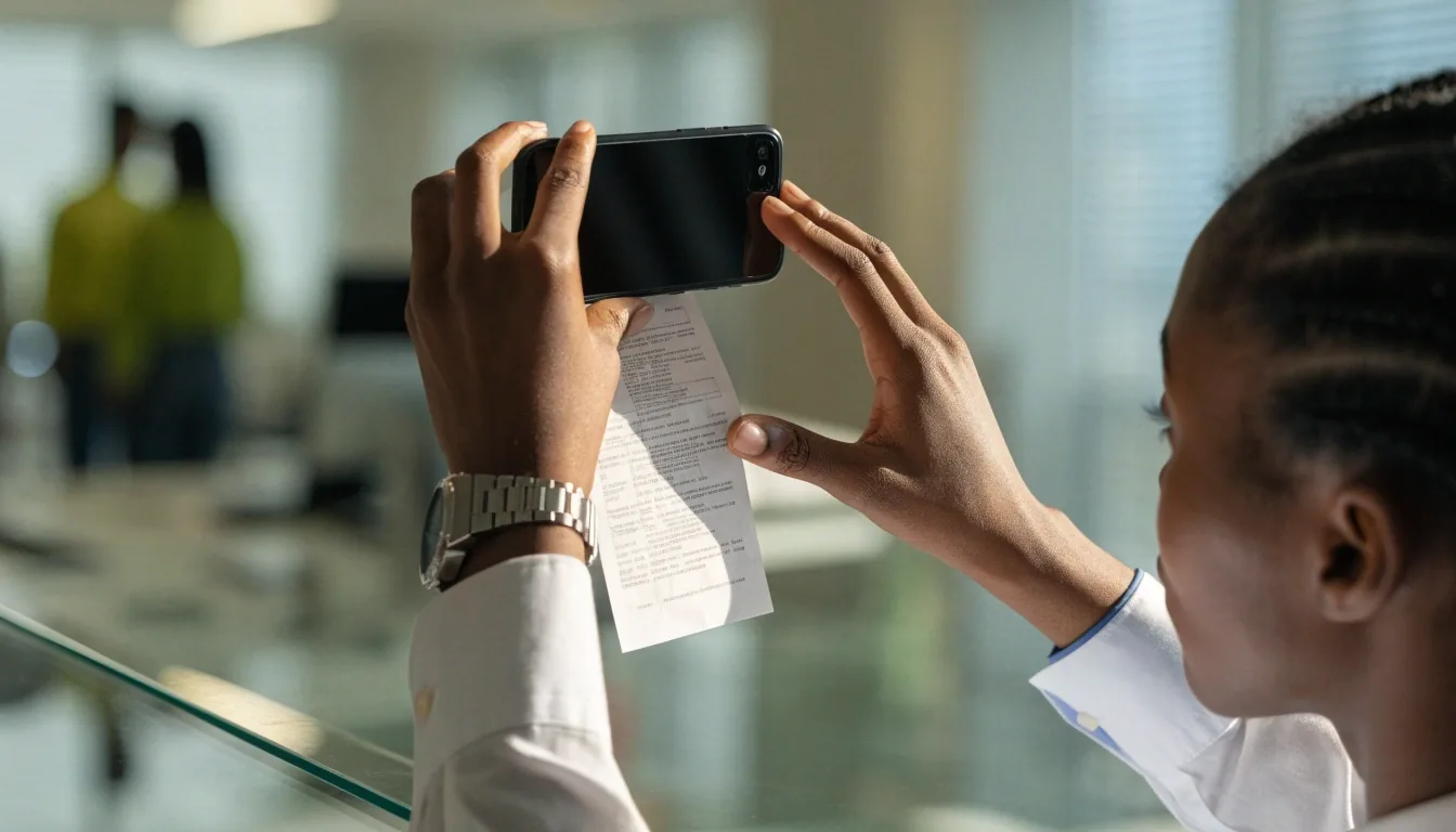 A hand holding a pen over an unmarked sheet at a matte desk