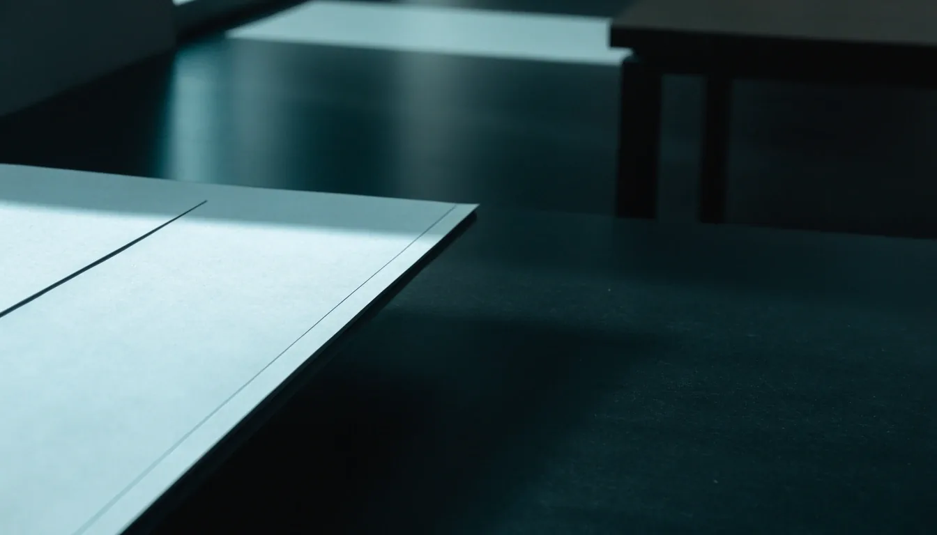 A paper edge crossing a matte dark desk surface in cool daylight