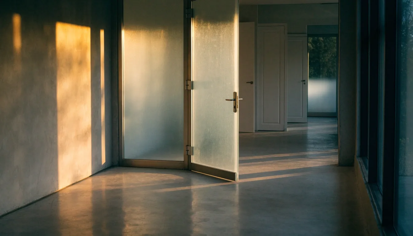 An empty office corridor with afternoon daylight raking across the floor