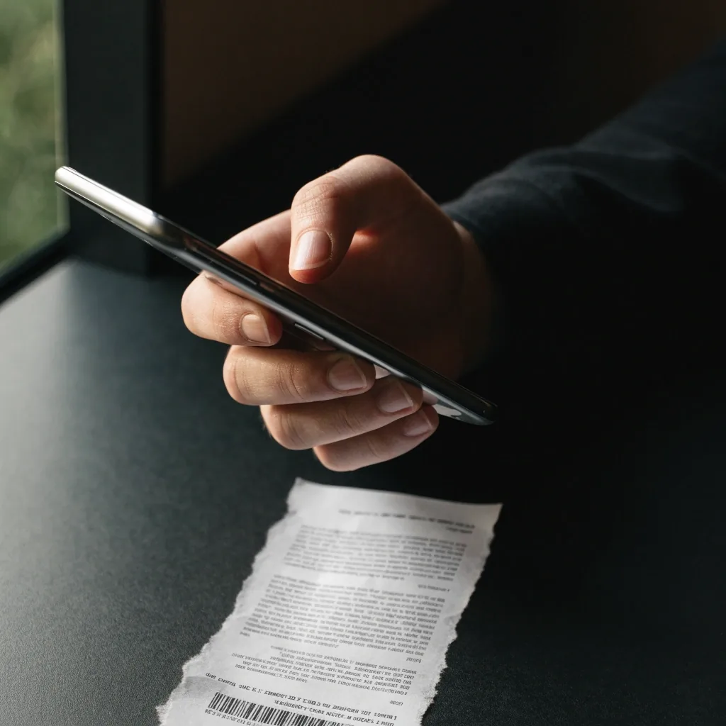 A hand holding a phone over a paper receipt on a dark desk, screen turned away