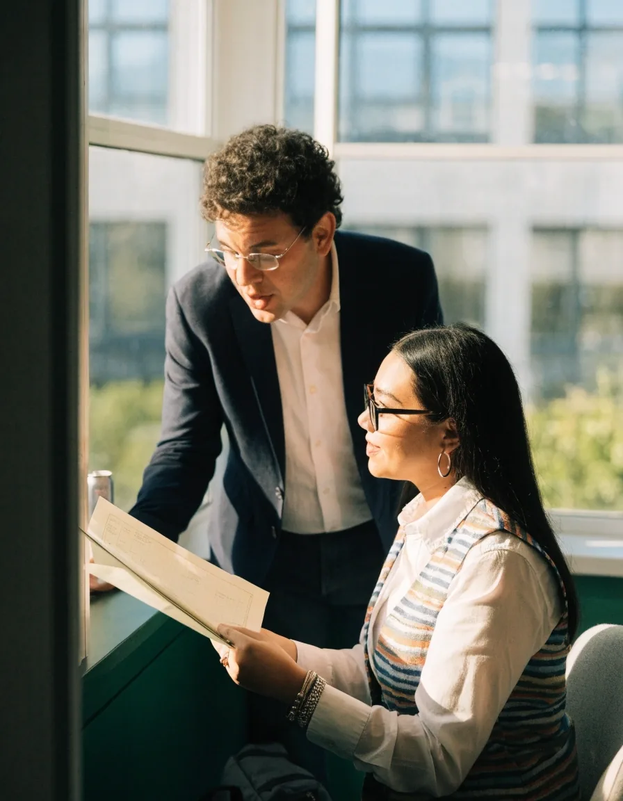 A hand holding a pen over an unmarked sheet on a dark desk, face out of frame