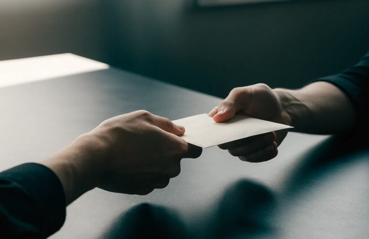 Two hands passing an unmarked envelope across a dark desk in cool light