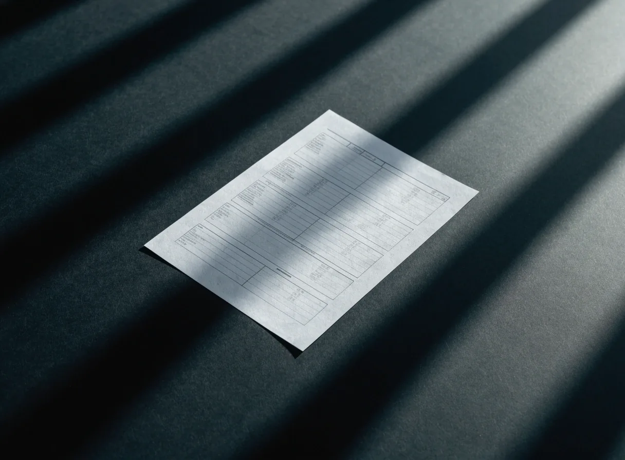 Overhead crop of one unmarked document on a matte dark surface under raking daylight