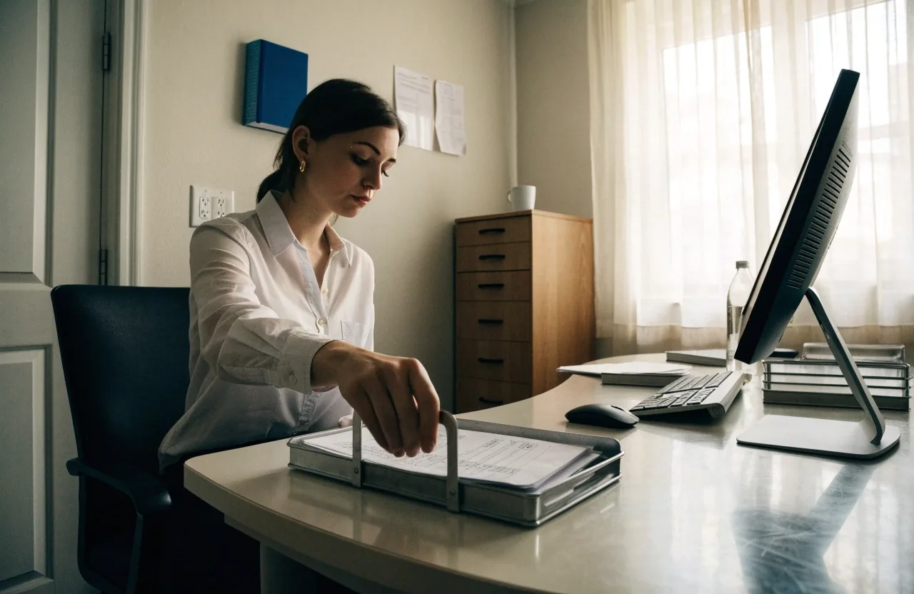 Stack of unmarked folders on a steel office shelf under raking daylight