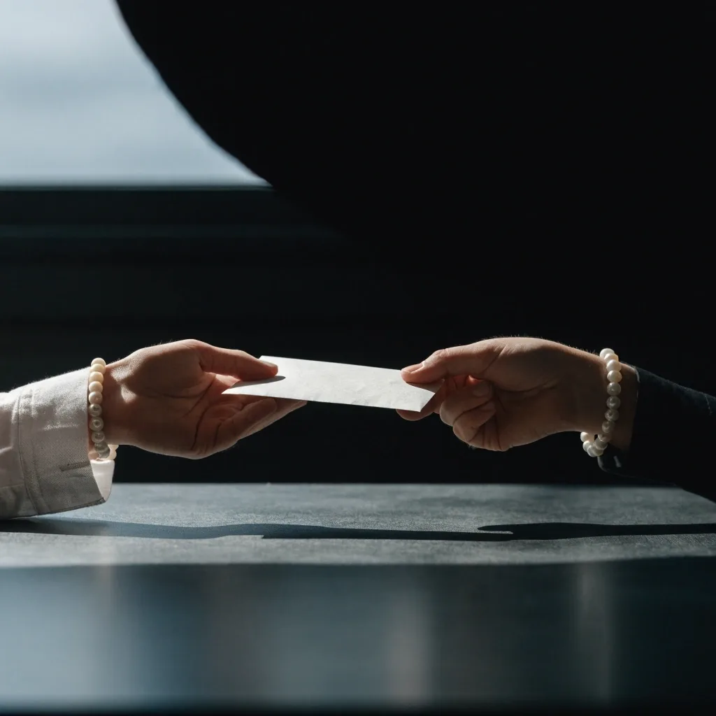 Two hands passing an unmarked envelope across a matte desk in cool daylight