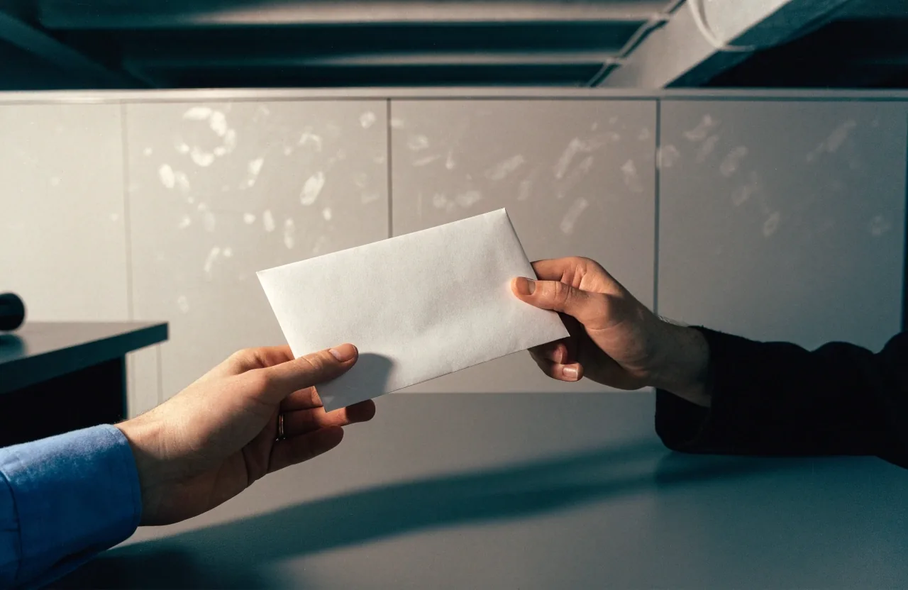Two hands exchanging an unmarked envelope across a matte desk
