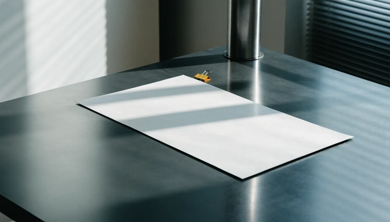 A bookkeeper's matte desk plane with an unmarked sheet resting at an angle in cool daylight