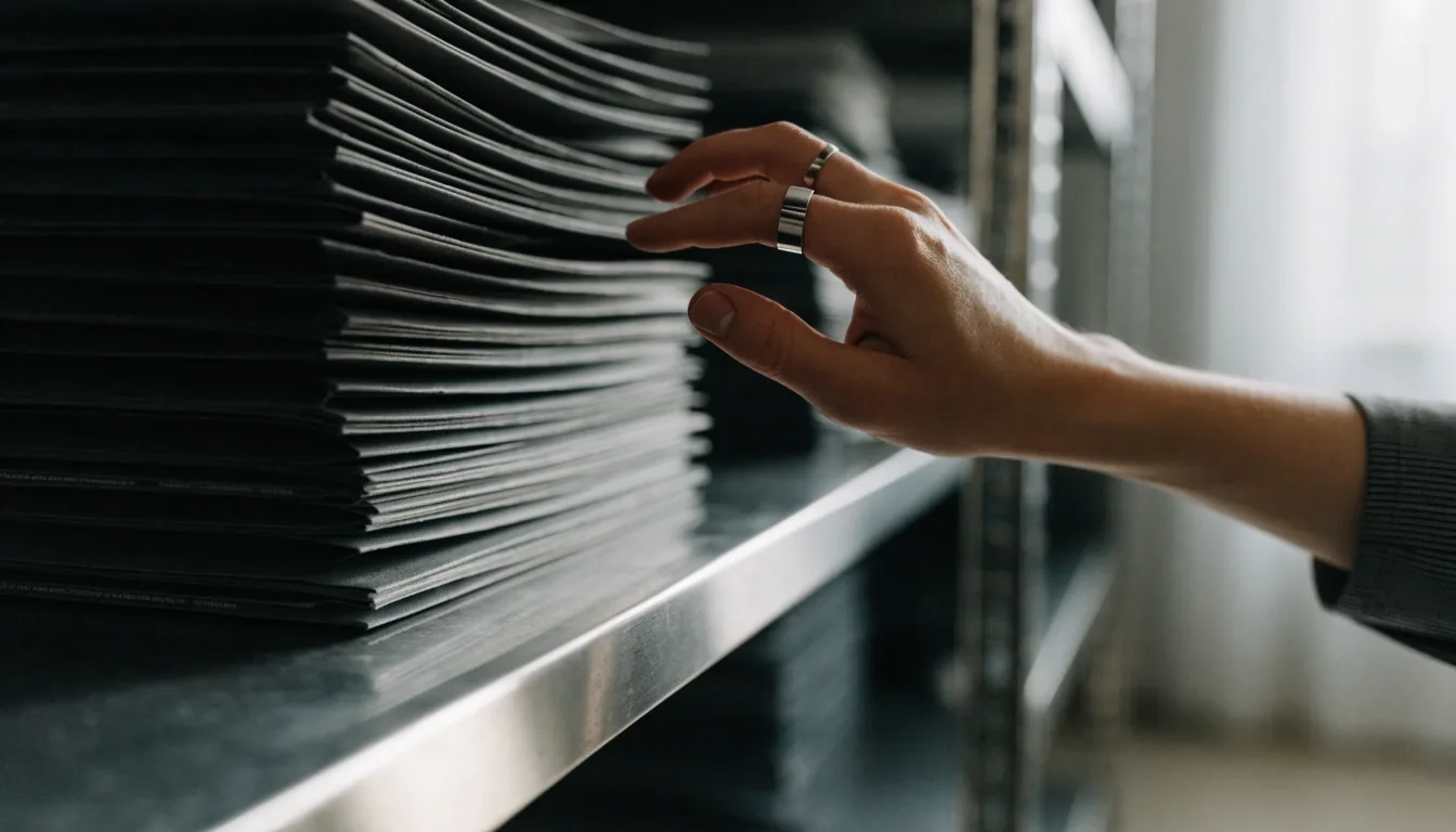 A steel shelf holding a neat stack of unmarked folders in cool daylight