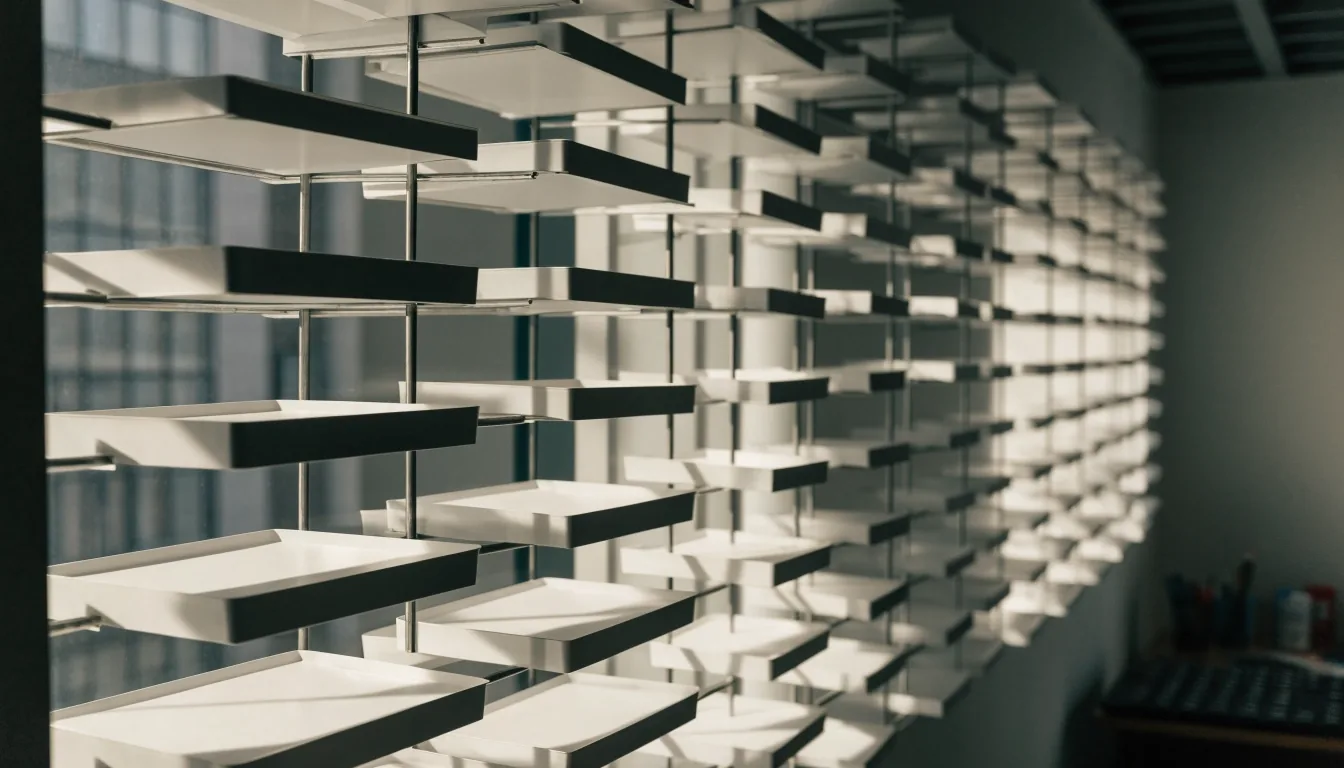A wall-mounted grid of empty paper trays in an office, lit by cool daylight