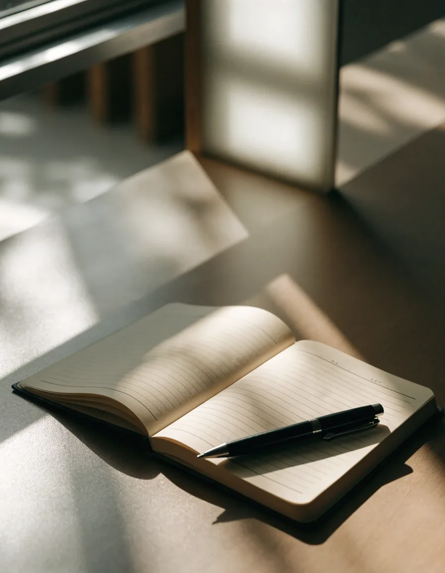 An open empty notebook and a single pen on a matte desk under raking light