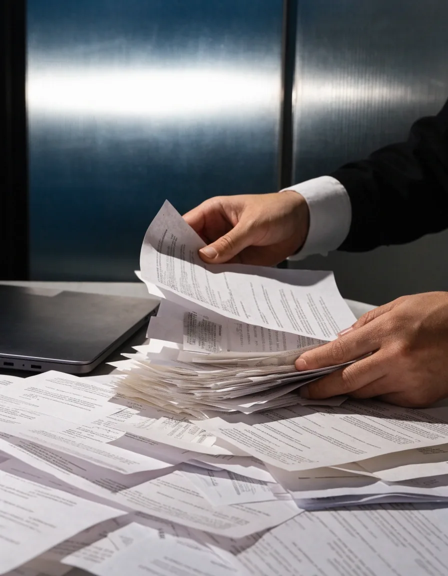 Hands sorting a loose stack of unmarked receipts and papers beside a closed laptop